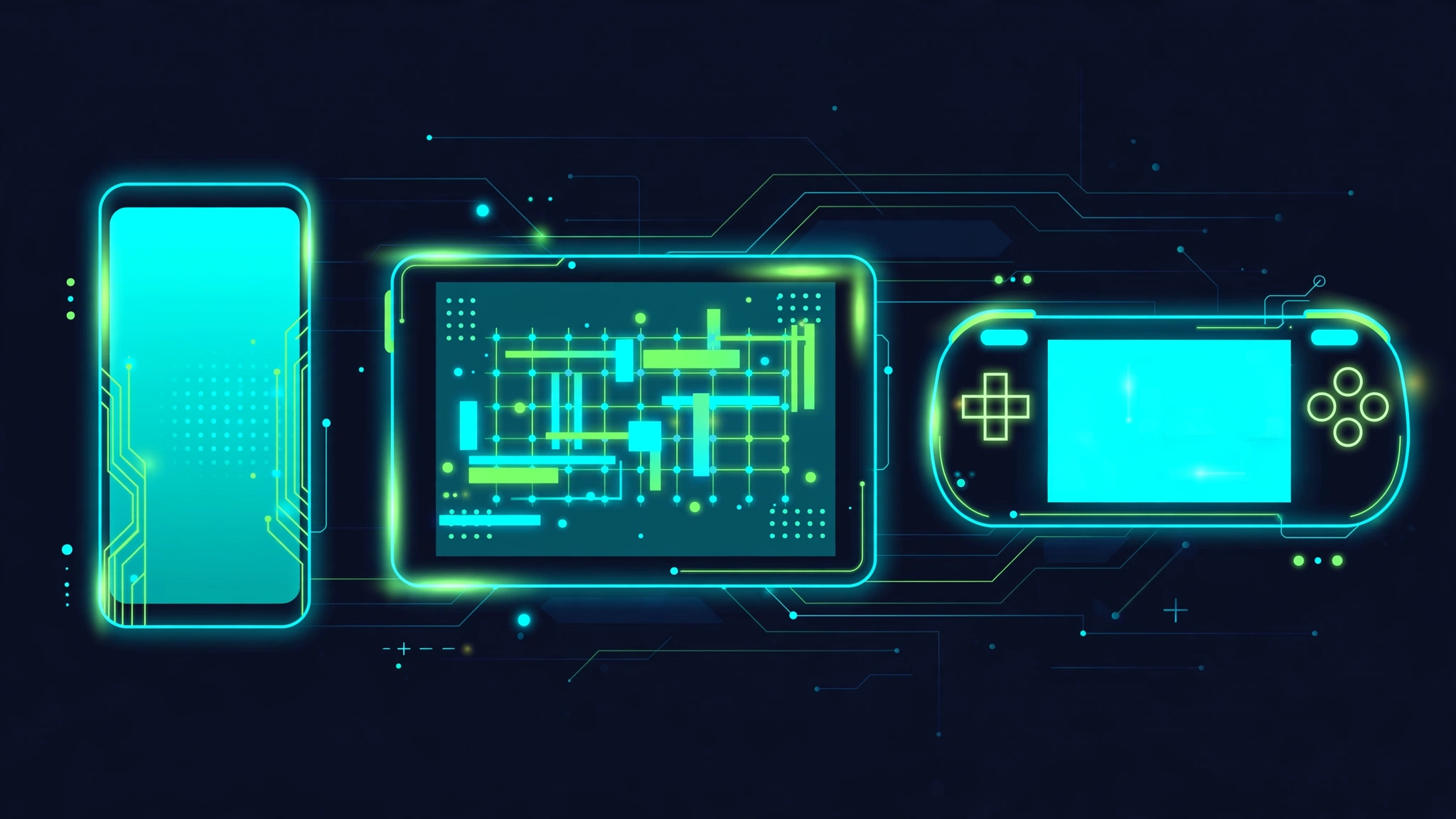 Three Android phones and a handheld gaming device side by side running Windows games