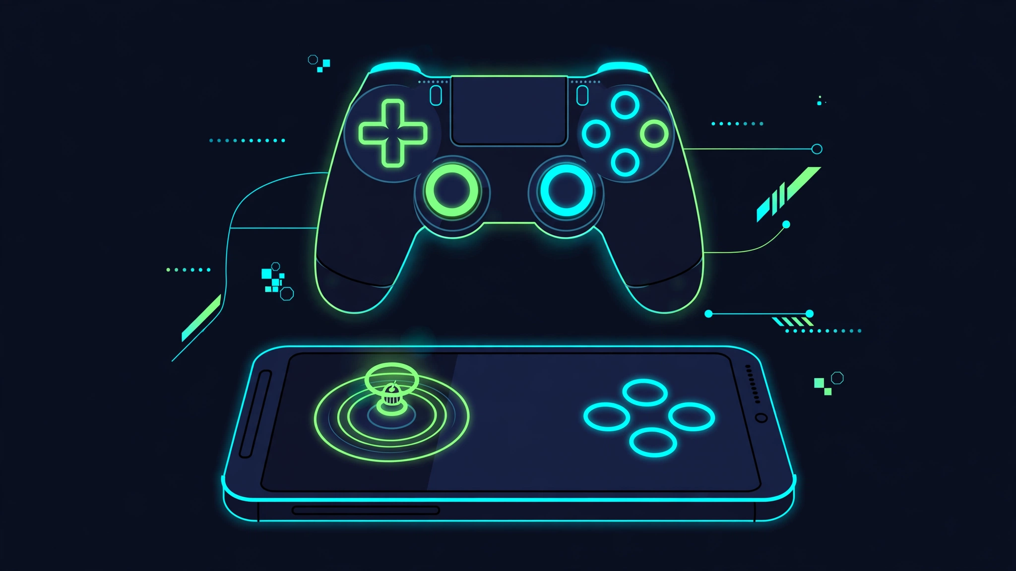Phone screen showing Winlator virtual gamepad overlay with mapped buttons over a Windows game